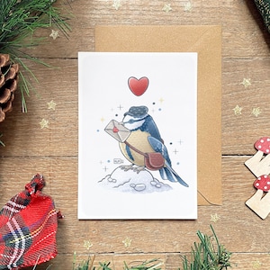Carte de Noël, Illustration oiseau mignon, Mésange d'hiver, Dessin de noël animal, Carte de voeux à offrir, Décoration d'hiver, Format A6