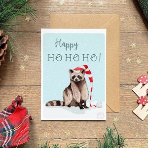 Carte de voeux Noël, Illustration raton laveur mignon, Reproduction aquarelle, Déco l'hiver, Carte à offrir, Idée cadeau, Format A6 et A4