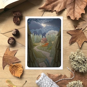 Illustration cabane dans la forêt, Carte & affiche mignonnes, Forêt d'automne et nature, Décoration murale chambre d'enfant, Format A6 A4 A3