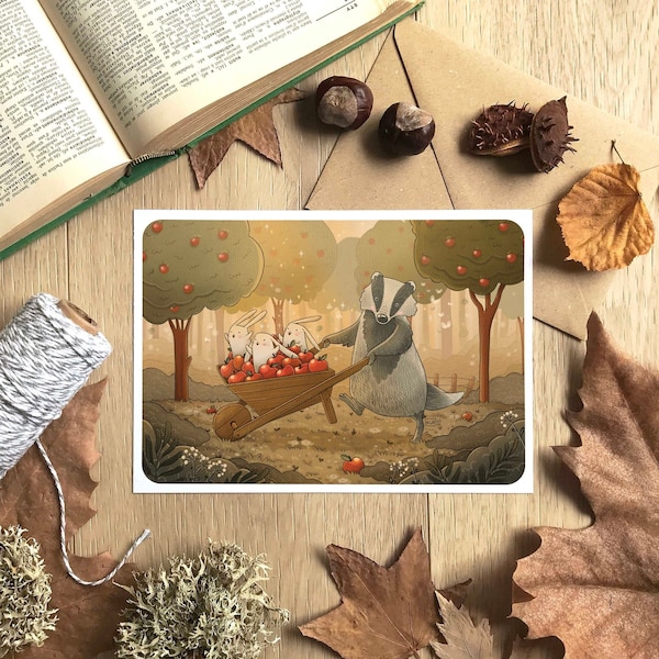 Affiche blaireau et lapins - Illustration promenade forêt - Dessin mignon automne, Affiche pommes, Idée cadeau, Décoration chambre enfant