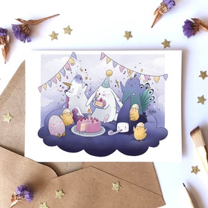 Carte d'anniversaire enfant, Illustration lapin licorne et gâteau, fête d'anniversaire enfant, Carte Joyeux anniversaire, Formats A6 et A5