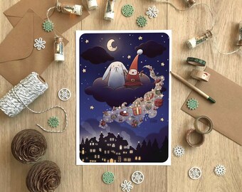 Illustration cadeaux de Noël, Carte de voeux et affiche lapin mignon, Dessin Mère Noël, Décoration pour fêtes, Format carte postale A6 et A4