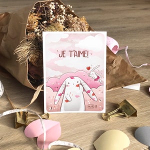 Illustration bisou, Carte je t'aime, Carte et affiche Saint-Valentin, Couple lapins amoureux, Dessin d'amour, Idée cadeau, Format A6, A4, A3