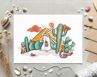 Rabbit, cactus and snake illustration, Cute desert animals postcard & print, Sand dunes, Cute wall decoration, Kids room, A6 A4 and A3 size