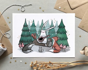 Rabbit, fox and pines illustration, Forest animals postcard and print, Forest flora and fauna, Cute wall decoration for kids, A6 A4 A3 sizes