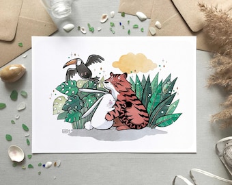 Illustration von Kaninchen, Tiger und Tukan; Niedliche Dschungeltierkarte & Poster; Regenwald; Kinderzimmerdekoration; Größen: A6, A4, A3