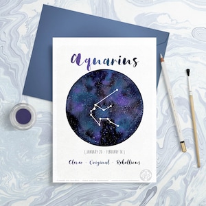 Astrology Card - Zodiac Signs - Aquarius, Horoscope, Planet drawing, Constellation Illustration, Watercolor sky, Gift idea, February month