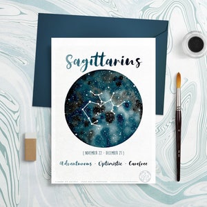 Astrologie kaart - sterrenbeelden - Boogschutter, horoscoop, aquarel planeet, sterrenbeeld illustratie, Galaxy tekening, maand december