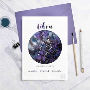 Astrology Card - Zodiac Signs - Libra, Horoscope, Planet drawing, Constellation Illustration, Watercolor planets, Gift idea, October month
