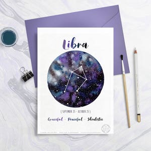 Astrology Card - Zodiac Signs - Libra, Horoscope, Planet drawing, Constellation Illustration, Watercolor planets, Gift idea, October month