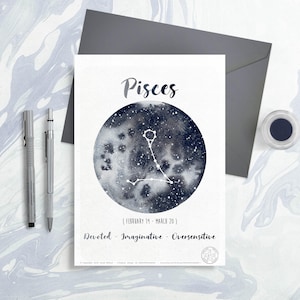 Carte Astrologie - Signe du Zodiaque - Poisson, aquarelle voie lactée, illustration ciel constellation, Dessin galaxie, Cadeau, Mois de Mars