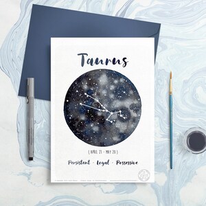 Astrologiekarte - Sternzeichen - Stier, Stier, Planetenillustration, Sternbildzeichnung, Galaxie-Aquarell, Geschenkkarte, Mai