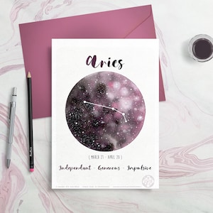 Astrology Card - Zodiac Signs - Aries, Horoscope, Planet drawing, Constellation Illustration, Watercolor galaxy, Give as gift, April month