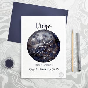 Carte Astrologie - Signes du Zodiaque - Vierge, Virgo, aquarelle planète, illustration constellation, Dessin galaxie, Idée cadeau, Septembre