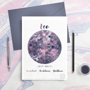 Astrology Card - Zodiac Signs - Leo, Horoscope, Planet Illustration, Constellation drawing, Watercolor galaxy, Give as gift, August month