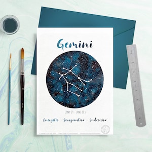 Astrology Card - Zodiac Signs - Gemini, Horoscope, Planet watercolor, Constellation Illustration, Galaxy drawing, Sky, Gift idea, June month