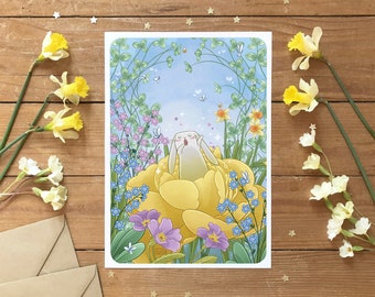 Cute white rabbit illustration, Spring poster & card, Flower garden, Gift idea, Wall decoration for children's room, Format A6, A4, A3