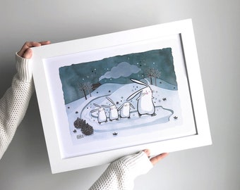 Illustration Kleine Schlittschuhläufer, Zeichnung einer Hasenfamilie, Aquarellreproduktion, Winterdekoration, Kinderplakat, Format A6, A4 und A3, Eislaufen