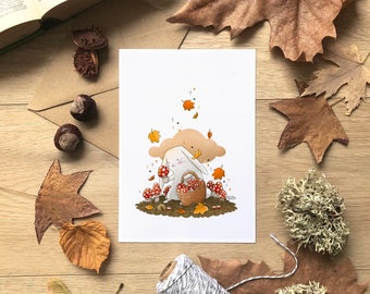 きのこウサギのポスター - ウサギのイラスト - 秋の狩りの絵、かわいい動物のポスター、装飾ポスター、ギフトのアイデア、子供部屋