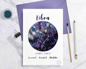 Astrology Card - Zodiac Signs - Libra, Horoscope, Planet drawing, Constellation Illustration, Watercolor planets, Gift idea, October month