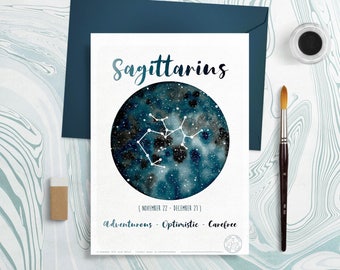 Astrology Card - Zodiac Signs - Sagittarius, Horoscope, Galaxy drawing, Constellation Illustration, Planet Watercolor, Gift, December month