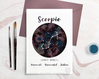 Carte Astrologie - Signes du Zodiaque - Scorpion, Horoscope, planète, dessin constellation, Aquarelle planète, Carte à offrir, Mois Novembre