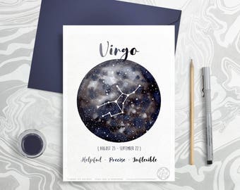 Carte Astrologie - Signes du Zodiaque - Vierge, Virgo, aquarelle planète, illustration constellation, Dessin galaxie, Idée cadeau, Septembre