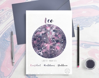 Astrology Card - Zodiac Signs - Leo, Horoscope, Planet Illustration, Constellation drawing, Watercolor galaxy, Give as gift, August month