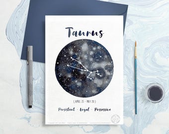 Carte Astrologie - Signes du Zodiaque - Taureau, Taurus, illustration planète, dessin constellation, Aquarelle galaxie, Carte cadeau, Mai