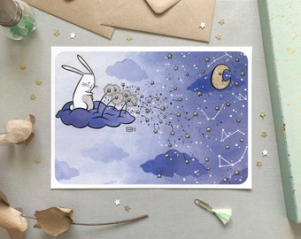 Starry sky Illustration - Watercolor poster - Kids room drawing, Cute rabbit, Wall decoration, Gift idea, Baby's room, Dandelion's blowing