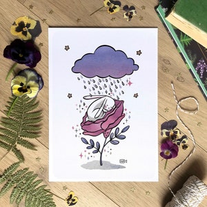 Ilustração de coelho e rosa, cartões e pôsteres poéticos, desenho de flor fofa de animal, decoração de parede, ideia de presente, formato A6, A4 e A3