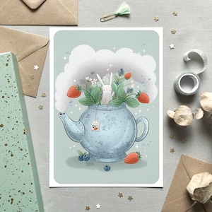 Illustration enfant lapin – Affiche A4 & carte postale A6 – Déco chambre bébé – Théière fraises mignonne – Art animalier poétique