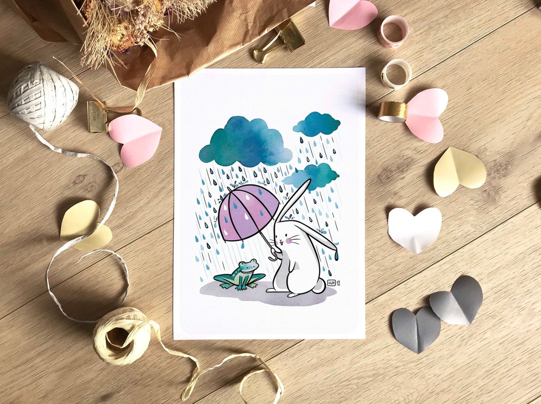 Rabbit and Frog Illustration, Cute Postcards and Prints, Rain and ...