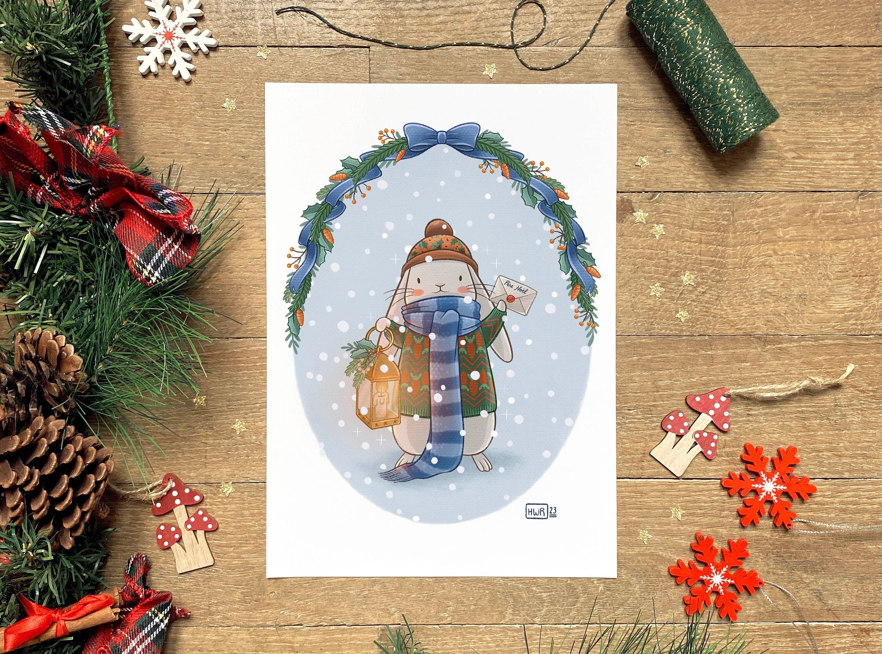 Niedliche Hasenillustration, Kinderplakat, Weihnachtskarte, Winterdekoration, Grußkarte zum Verschenken, Geschenkidee, Formate A6 und A4
