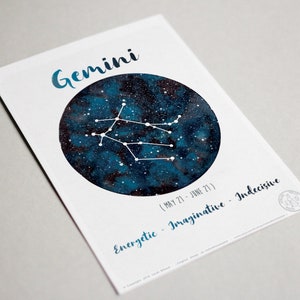 Astrology Card Zodiac Signs Gemini, Horoscope, Planet watercolor, Constellation Illustration, Galaxy drawing, Sky, Gift idea, June month 画像 3