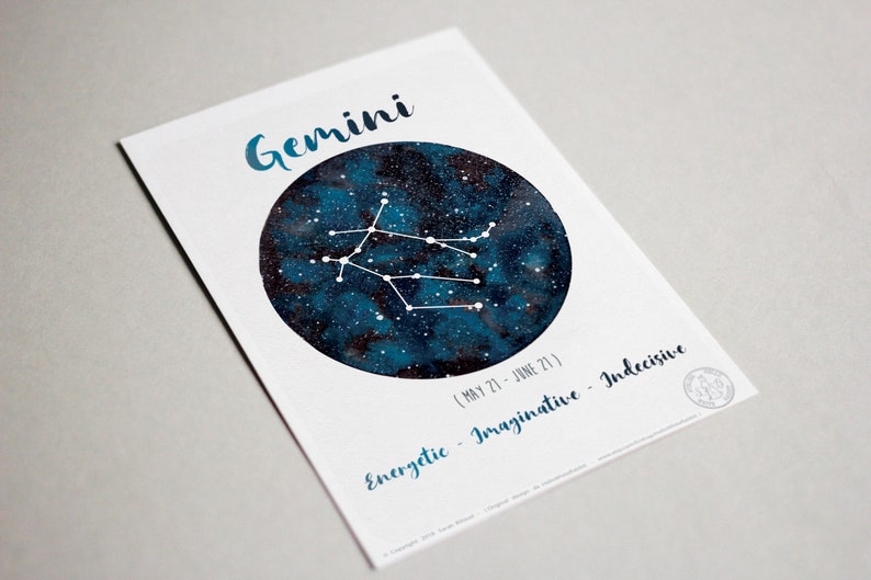 Astrology Card Zodiac Signs Gemini, Horoscope, Planet watercolor, Constellation Illustration, Galaxy drawing, Sky, Gift idea, June month 画像 3