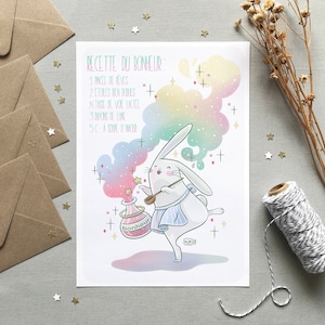 Illustration von Kaninchen und Zaubertrank, niedliche Karte und Poster „Rezept für Glück“, Geschenkidee, Wanddekoration, Formate A6, A4 und A3