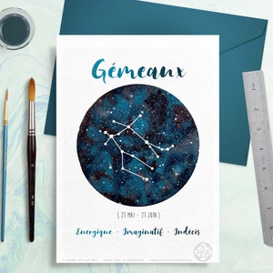 Astrology Card Zodiac Signs Gemini, Horoscope, Planet watercolor, Constellation Illustration, Galaxy drawing, Sky, Gift idea, June month image 2