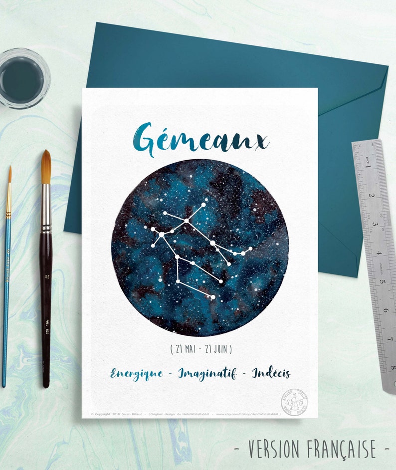 Astrology Card Zodiac Signs Gemini, Horoscope, Planet watercolor, Constellation Illustration, Galaxy drawing, Sky, Gift idea, June month image 2