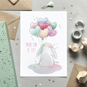 Illustration lapin et ballons coeurs, Carte & affiche de bon rétablissement, Message Prends soin de toi, Décoration murale, Format A6 A4 A3