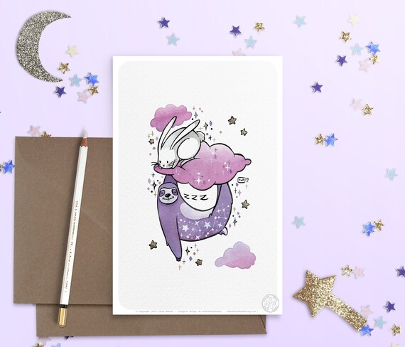 Animals Illustration Kid Print Watercolor Drawing Bunny Sloth Constellation Children Bedroom Wall Decoration Cute Gift Idea Art