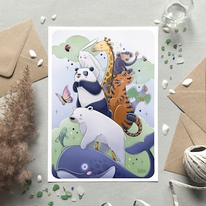 Illustration animaux biodiversité, Carte & affiche, Dessin mignon espèce protégée, Idée cadeau chambre enfant, Déco murale, Format A6 A4 A3