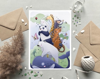 Illustration zur Tierartenvielfalt, Karte & Poster, Niedliche Zeichnung einer geschützten Tierart, Geschenkidee fürs Kinderzimmer, Wanddekoration, Formate: A6, A4, A3