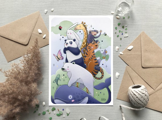 Illustration animaux biodiversité, Carte & affiche, Dessin mignon espèce protégée, Idée cadeau chambre enfant, Déco murale, Format A6 A4 A3