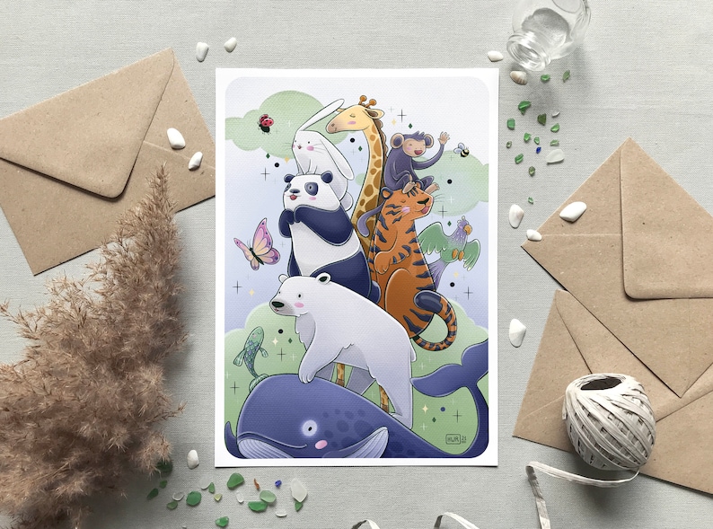 May include: A whimsical illustration of a group of animals stacked on top of each other. A white rabbit sits on top of a panda bear, who is standing on a polar bear. The polar bear is standing on a blue whale. A giraffe, tiger, monkey, and parrot are also included in the illustration.