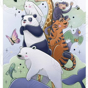 May include: A whimsical illustration featuring a stack of animals, including a whale, polar bear, panda, tiger, giraffe, rabbit, monkey, and a parrot. The animals are arranged in a playful manner, with the whale at the bottom and the parrot at the top. The illustration is set against a light blue background with green hills and white clouds.