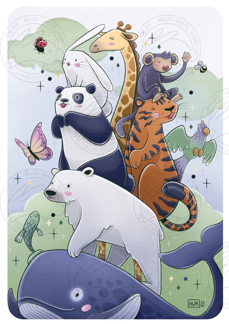 May include: A whimsical illustration featuring a stack of animals, including a whale, polar bear, panda, tiger, giraffe, rabbit, monkey, and a parrot. The animals are arranged in a playful manner, with the whale at the bottom and the parrot at the top. The illustration is set against a light blue background with green hills and white clouds.