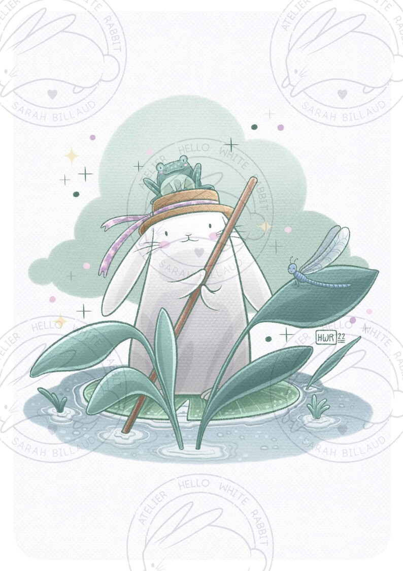 Rabbit Frog and Swamp Illustration Cute Postcard & Print for - Etsy