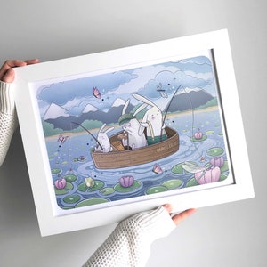 Vaderdagkaart & poster, Vissende konijn illustratie, Leuk cadeau idee, Papa ik hou van je, Grootvaderdag, Formaat A6, A4 en A3