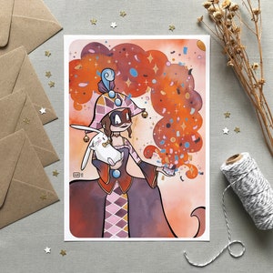 Illustration Carnaval, Colombine et lapin mignon, Cartes et affiches mardi gras, Dessin déguisement de fête, Idée cadeau, Formats A6, A4, A3